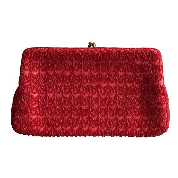 Vintage 60s Ruby Red Beaded Clutch | Rhinestone Kiss Lock Evening Bag - Picture 8 of 8